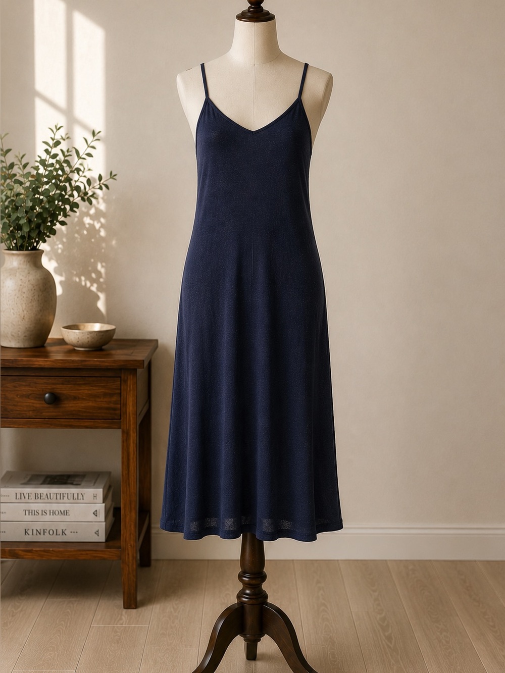 Zara Navy Blue Textured Knit Midi Slip Dress Spaghetti Strap Minimalist Size S